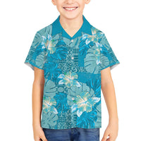 Hawaii Family Matching Off Shoulder Short Dress and Hawaiian Shirt Teal Polynesian Monstera Patterns - Polynesian Pride