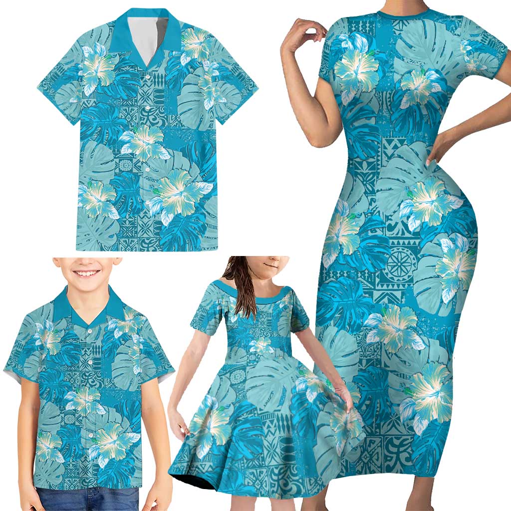 Hawaii Family Matching Short Sleeve Bodycon Dress and Hawaiian Shirt Teal Polynesian Monstera Patterns - Polynesian Pride