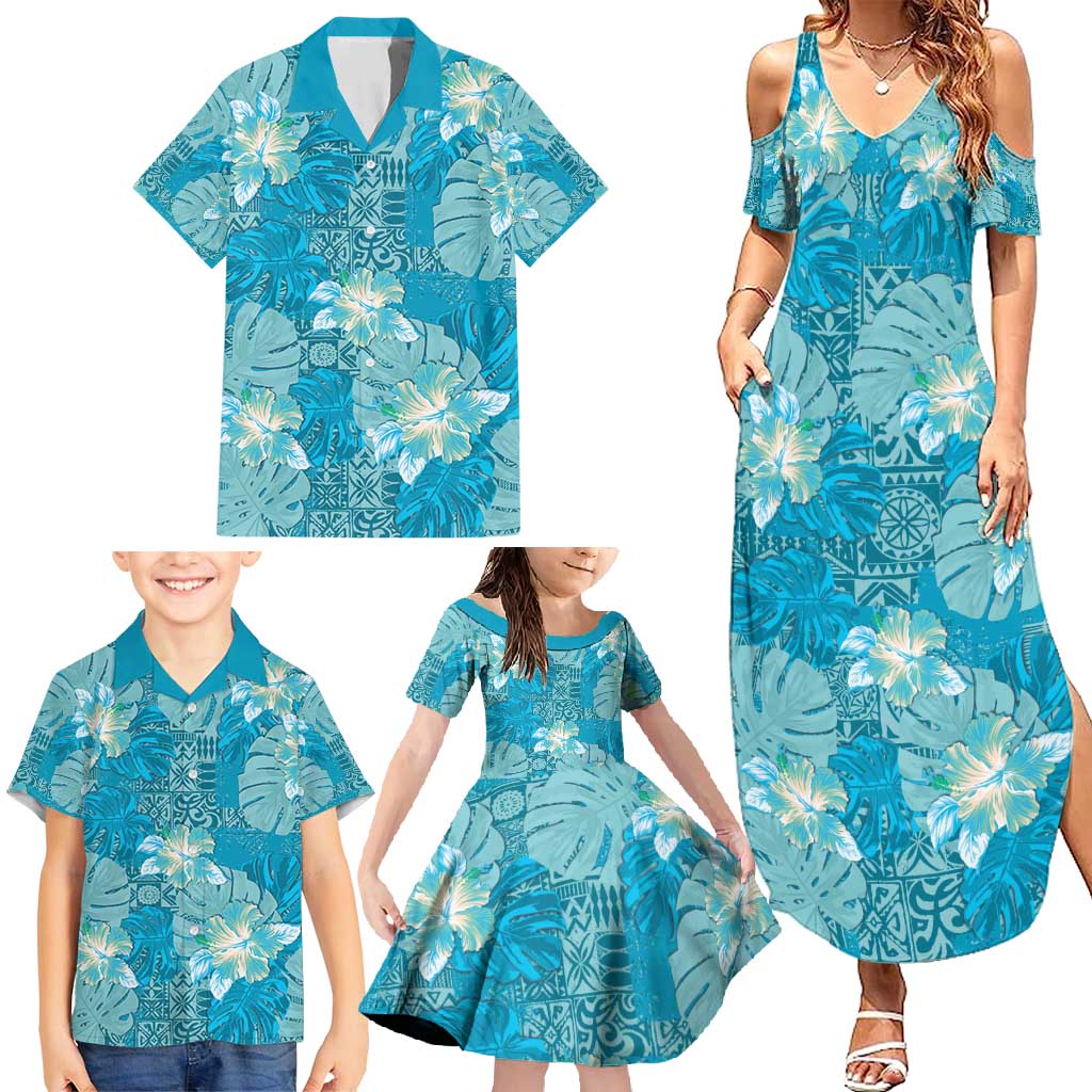 Hawaii Family Matching Summer Maxi Dress and Hawaiian Shirt Teal Polynesian Monstera Patterns - Polynesian Pride