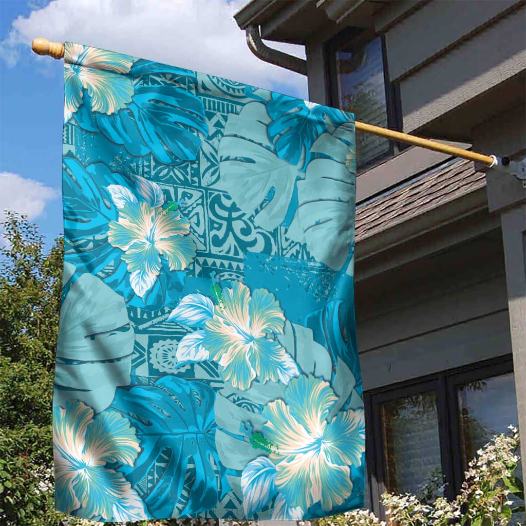 Hawaii Garden Flag Teal Polynesian Monstera Patterns - Polynesian Pride