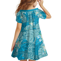 Hawaii Kid Short Sleeve Dress Teal Polynesian Monstera Patterns - Polynesian Pride