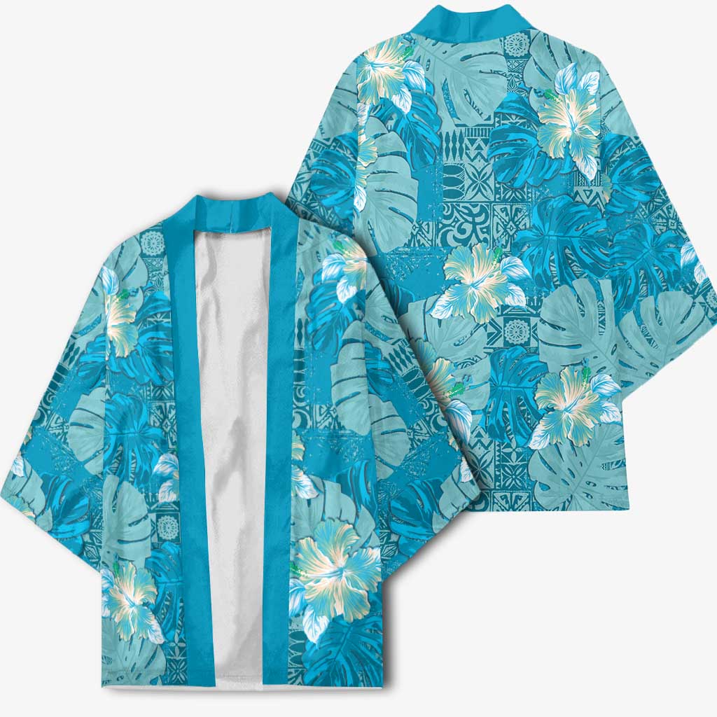 Hawaii Kimono Teal Polynesian Monstera Patterns - Polynesian Pride