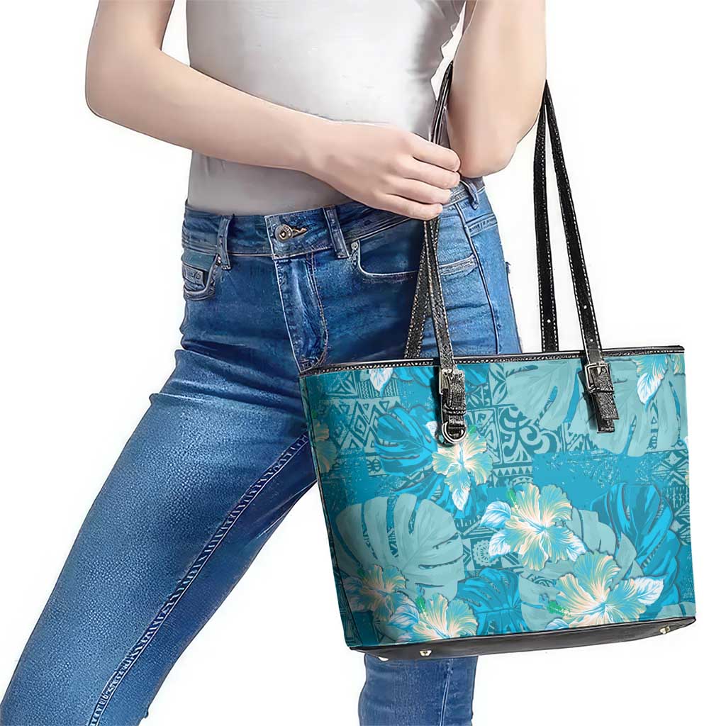 Hawaii Leather Tote Bag Teal Polynesian Monstera Patterns - Polynesian Pride