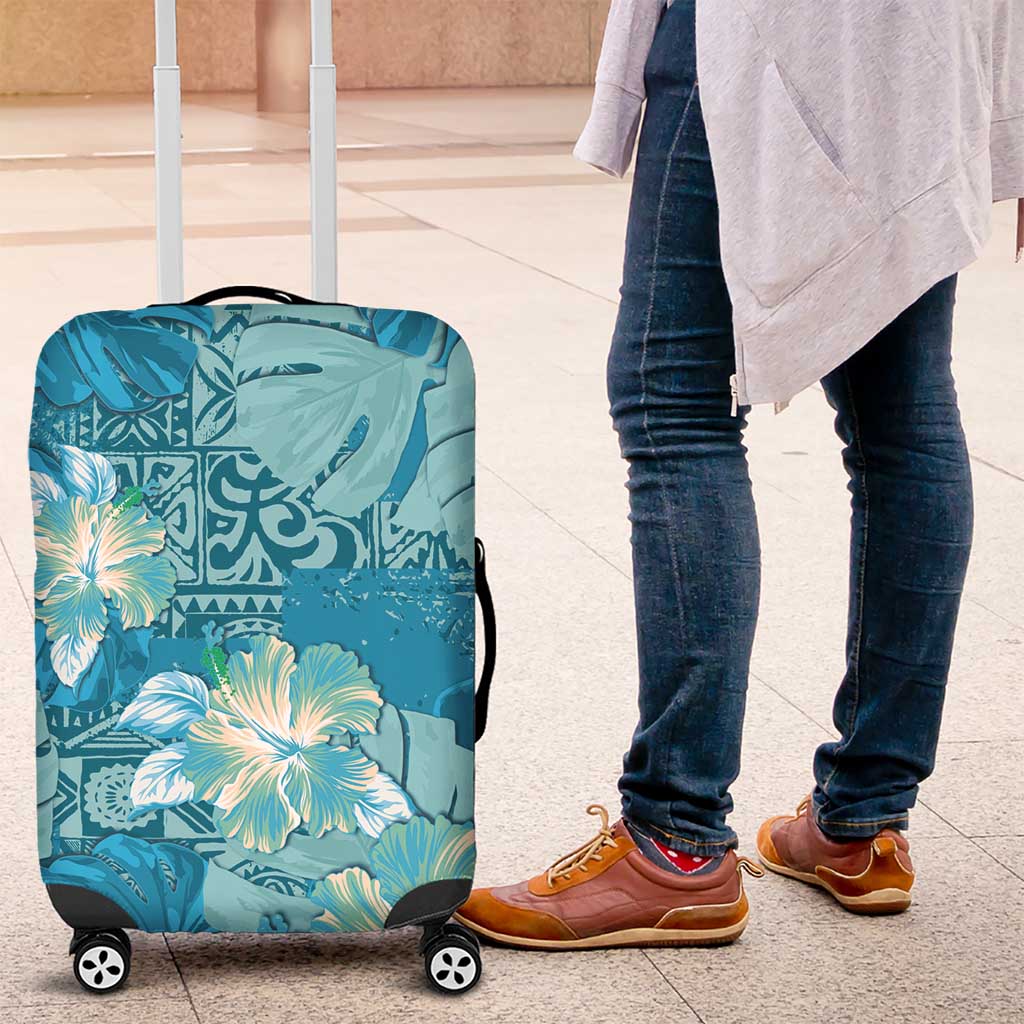 Hawaii Luggage Cover Teal Polynesian Monstera Patterns - Polynesian Pride