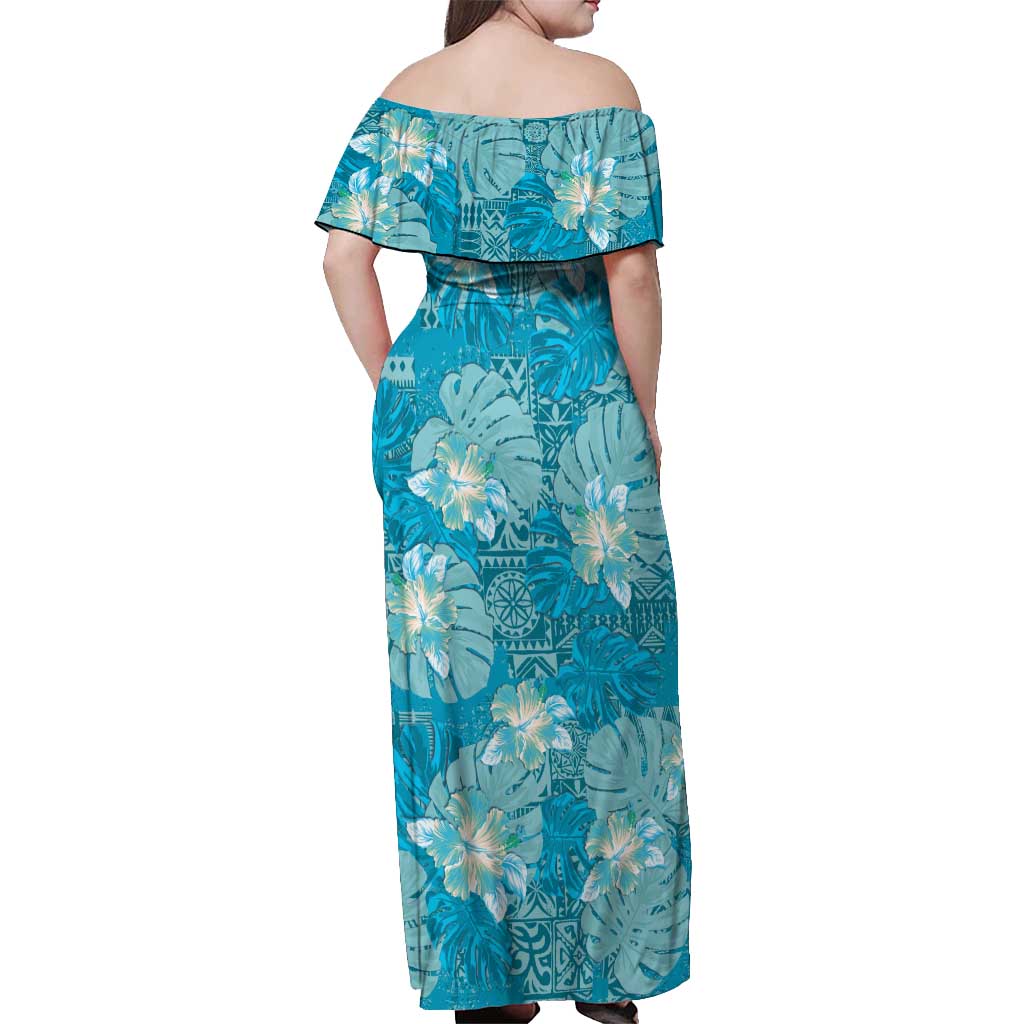 Hawaii Off Shoulder Maxi Dress Teal Polynesian Monstera Patterns DT05 - Polynesian Pride