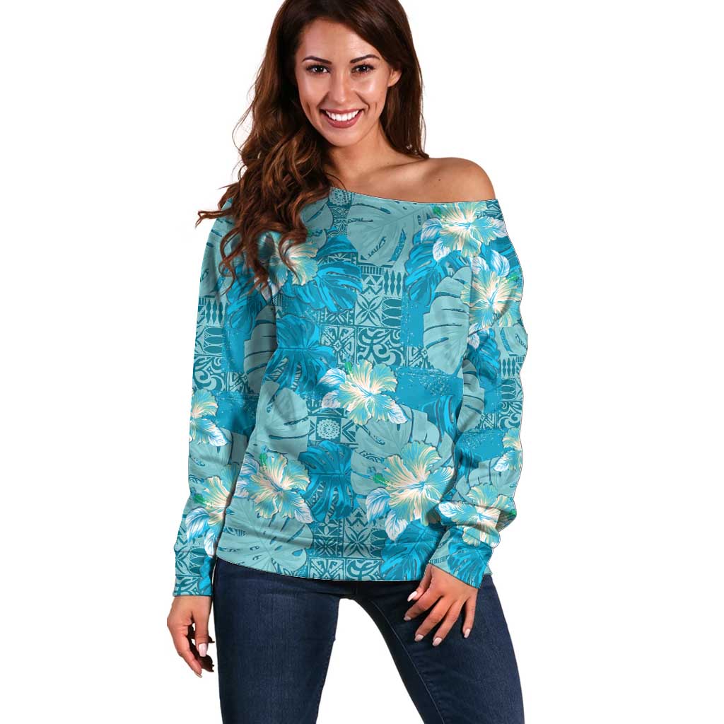 Hawaii Off Shoulder Sweater Teal Polynesian Monstera Patterns - Polynesian Pride