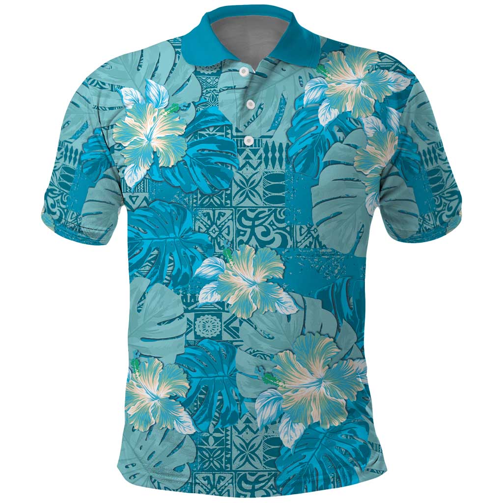 Hawaii Polo Shirt Teal Polynesian Monstera Patterns - Polynesian Pride