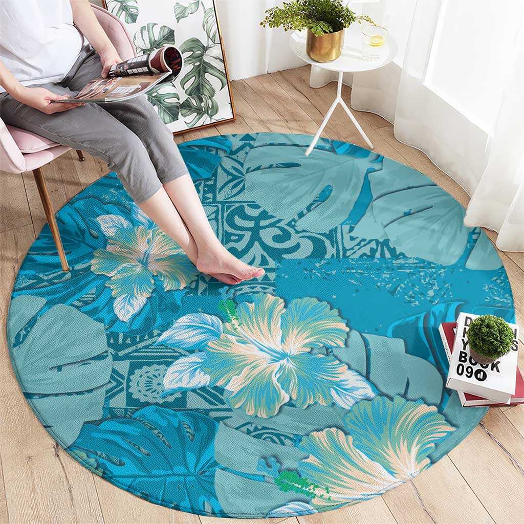 Hawaii Round Carpet Teal Polynesian Monstera Patterns - Polynesian Pride