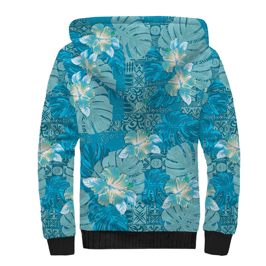 Hawaii Sherpa Hoodie Teal Polynesian Monstera Patterns - Polynesian Pride