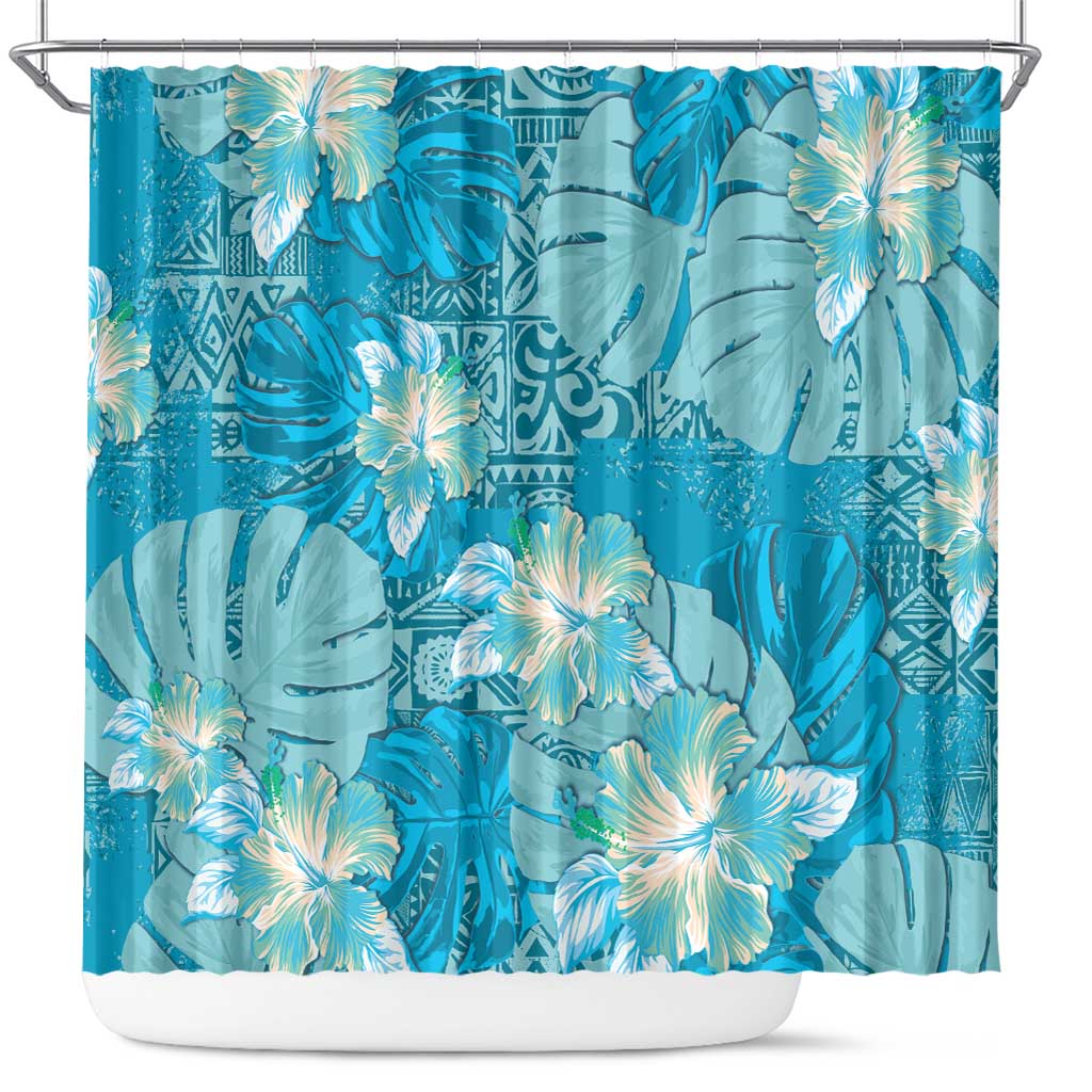 Hawaii Shower Curtain Teal Polynesian Monstera Patterns - Polynesian Pride