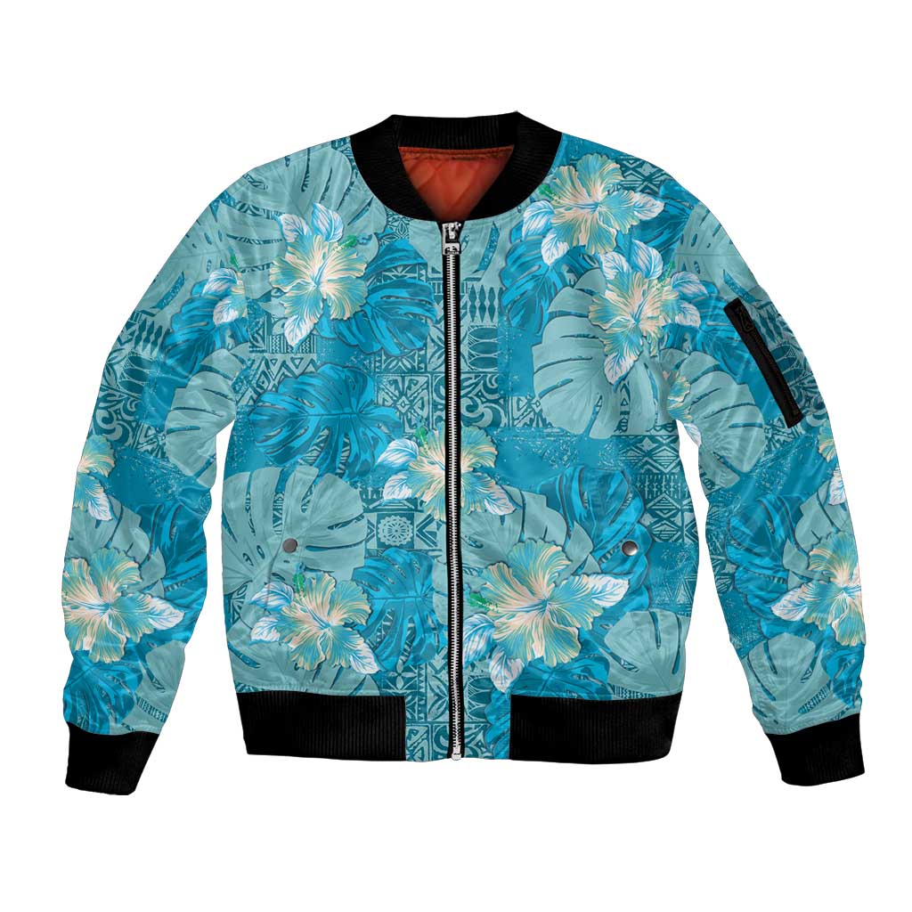 Hawaii Sleeve Zip Bomber Jacket Teal Polynesian Monstera Patterns - Polynesian Pride