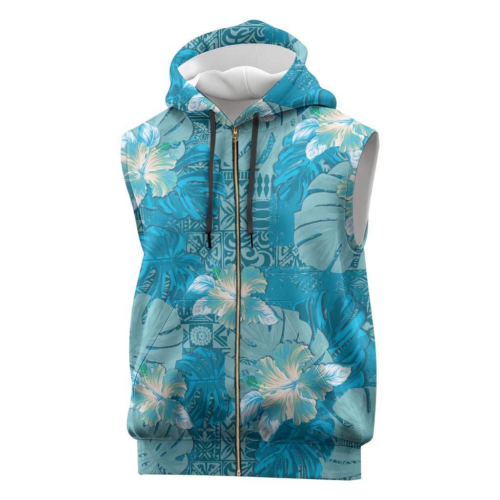 Hawaii Sleeveless Zip Hoodie Teal Polynesian Monstera Patterns - Polynesian Pride