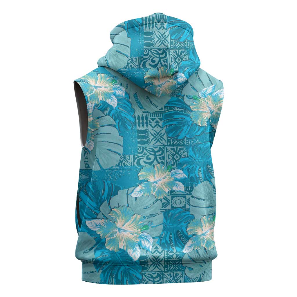 Hawaii Sleeveless Zip Hoodie Teal Polynesian Monstera Patterns - Polynesian Pride