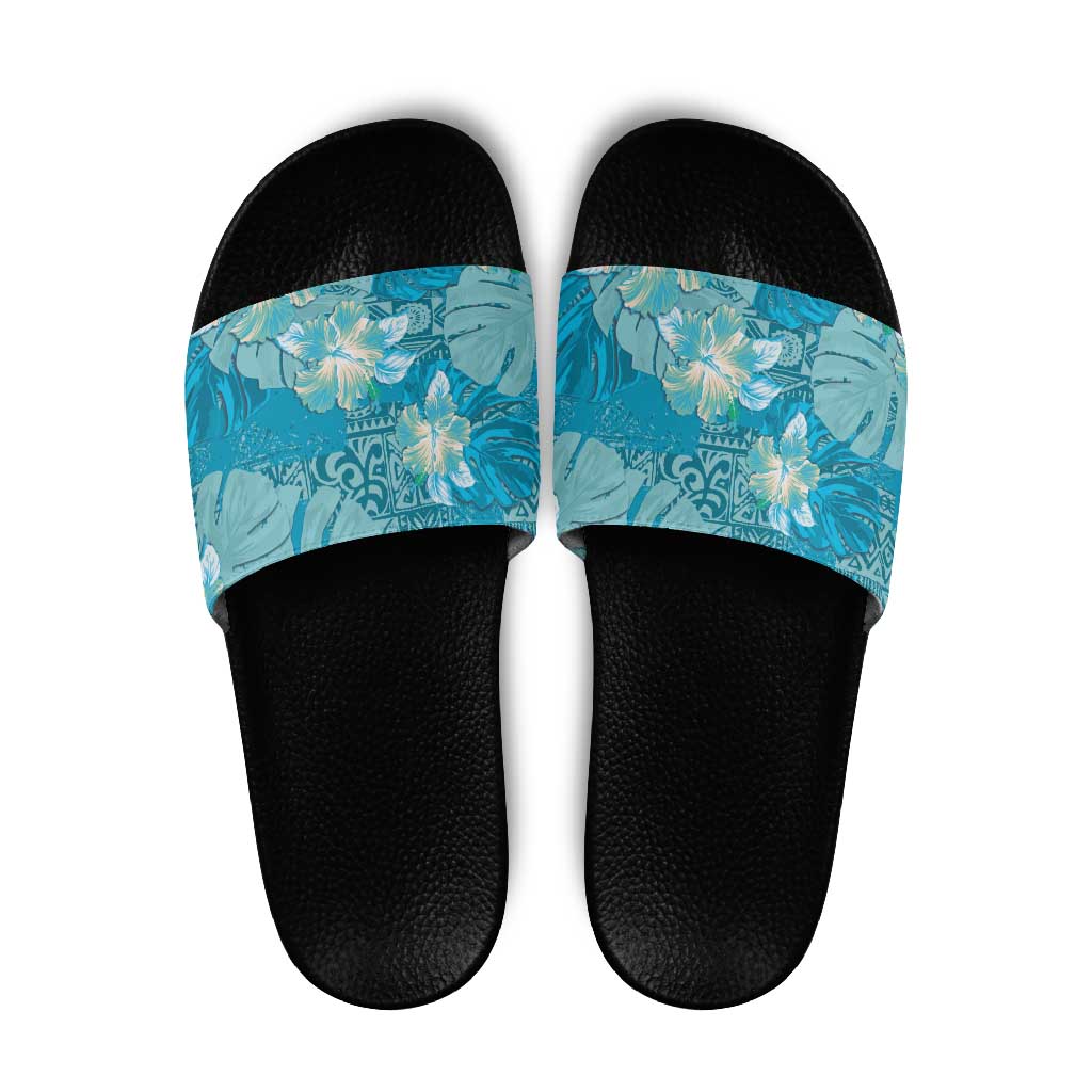 Hawaii Slide Sandals Teal Polynesian Monstera Patterns - Polynesian Pride