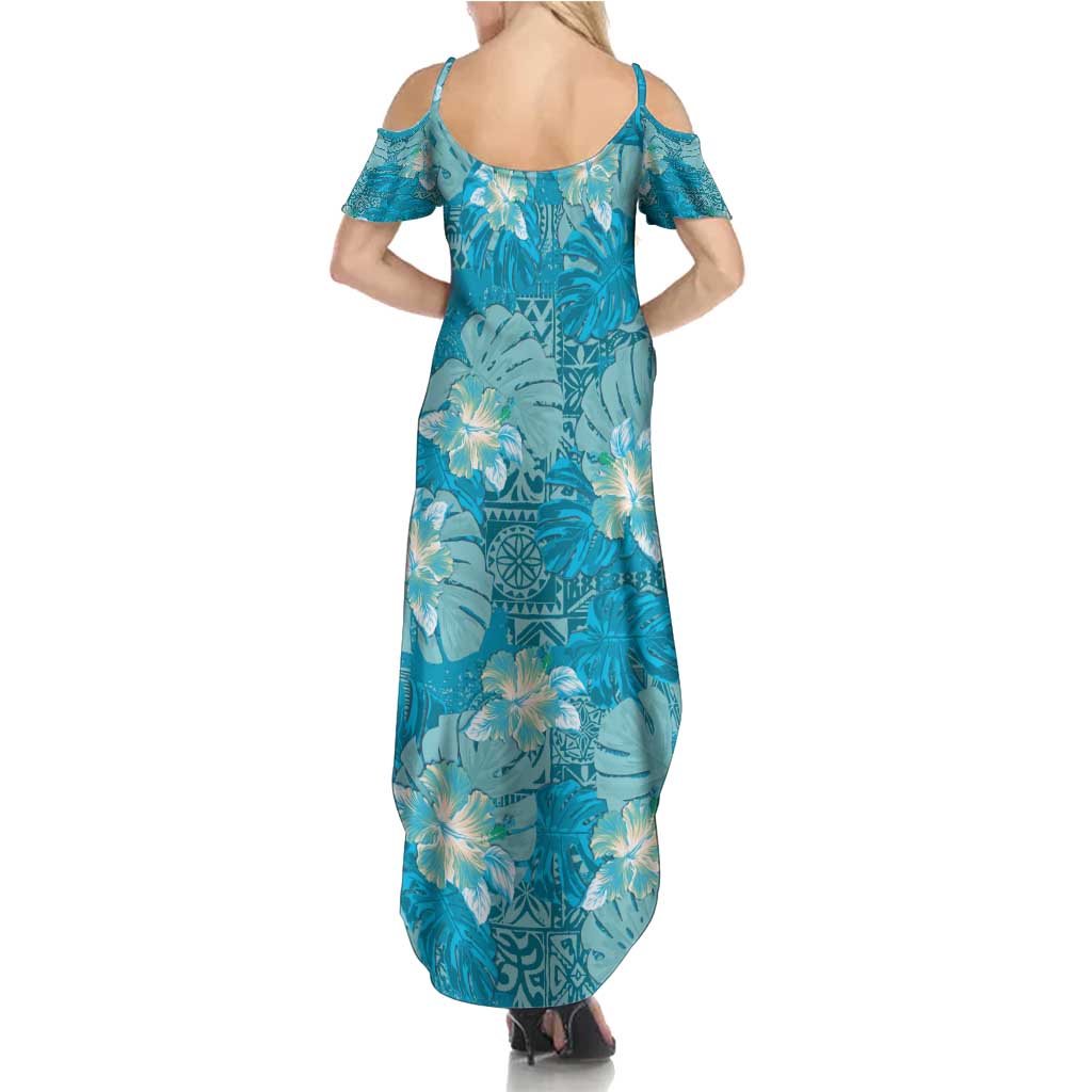 Hawaii Summer Maxi Dress Teal Polynesian Monstera Patterns - Polynesian Pride
