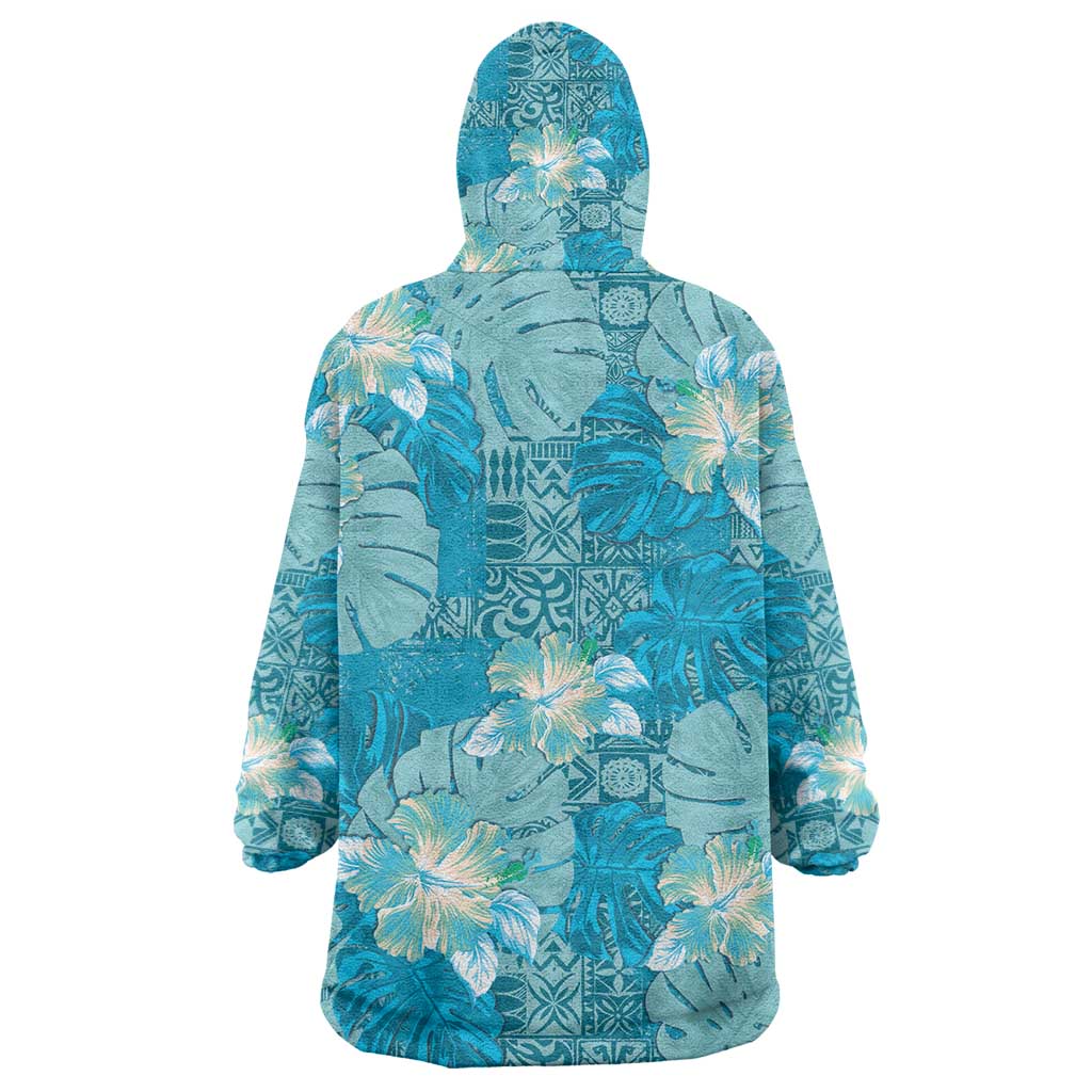 Hawaii Wearable Blanket Hoodie Teal Polynesian Monstera Patterns - Polynesian Pride