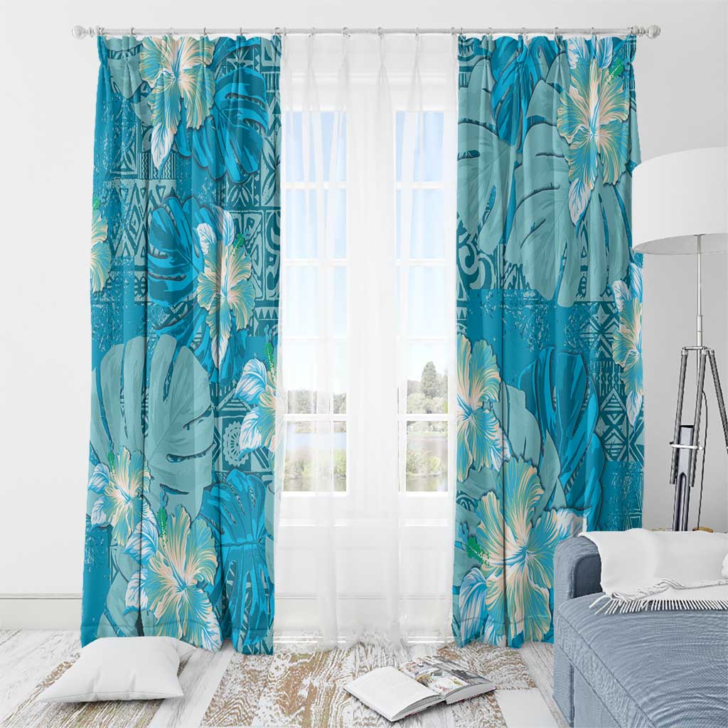 Hawaii Window Curtain Teal Polynesian Monstera Patterns - Polynesian Pride