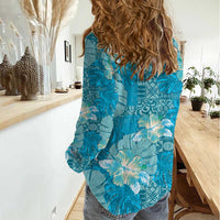 Hawaii Women Casual Shirt Teal Polynesian Monstera Patterns - Polynesian Pride