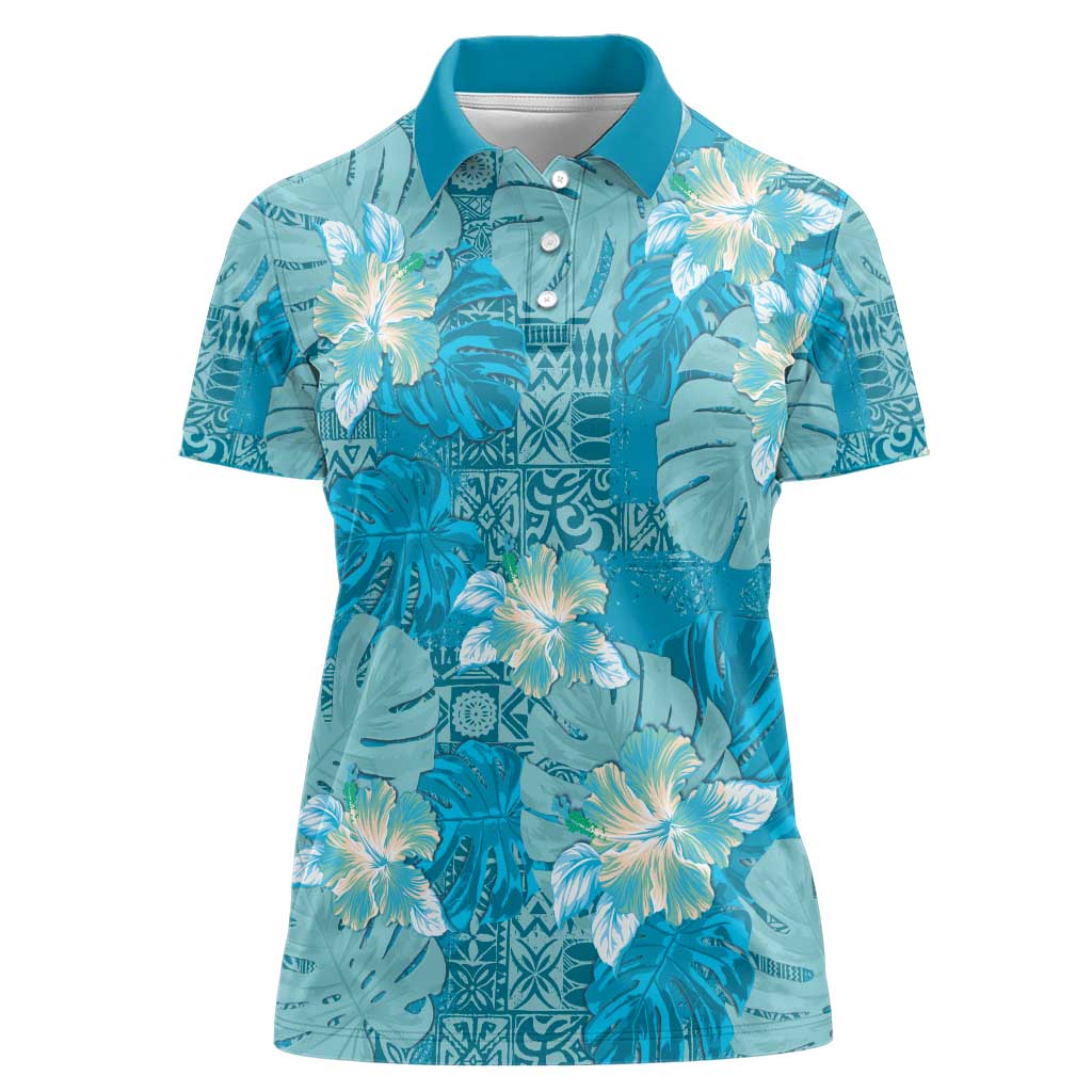 Hawaii Women Polo Shirt Teal Polynesian Monstera Patterns - Polynesian Pride