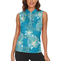 Hawaii Women Sleeveless Polo Shirt Teal Polynesian Monstera Patterns - Polynesian Pride