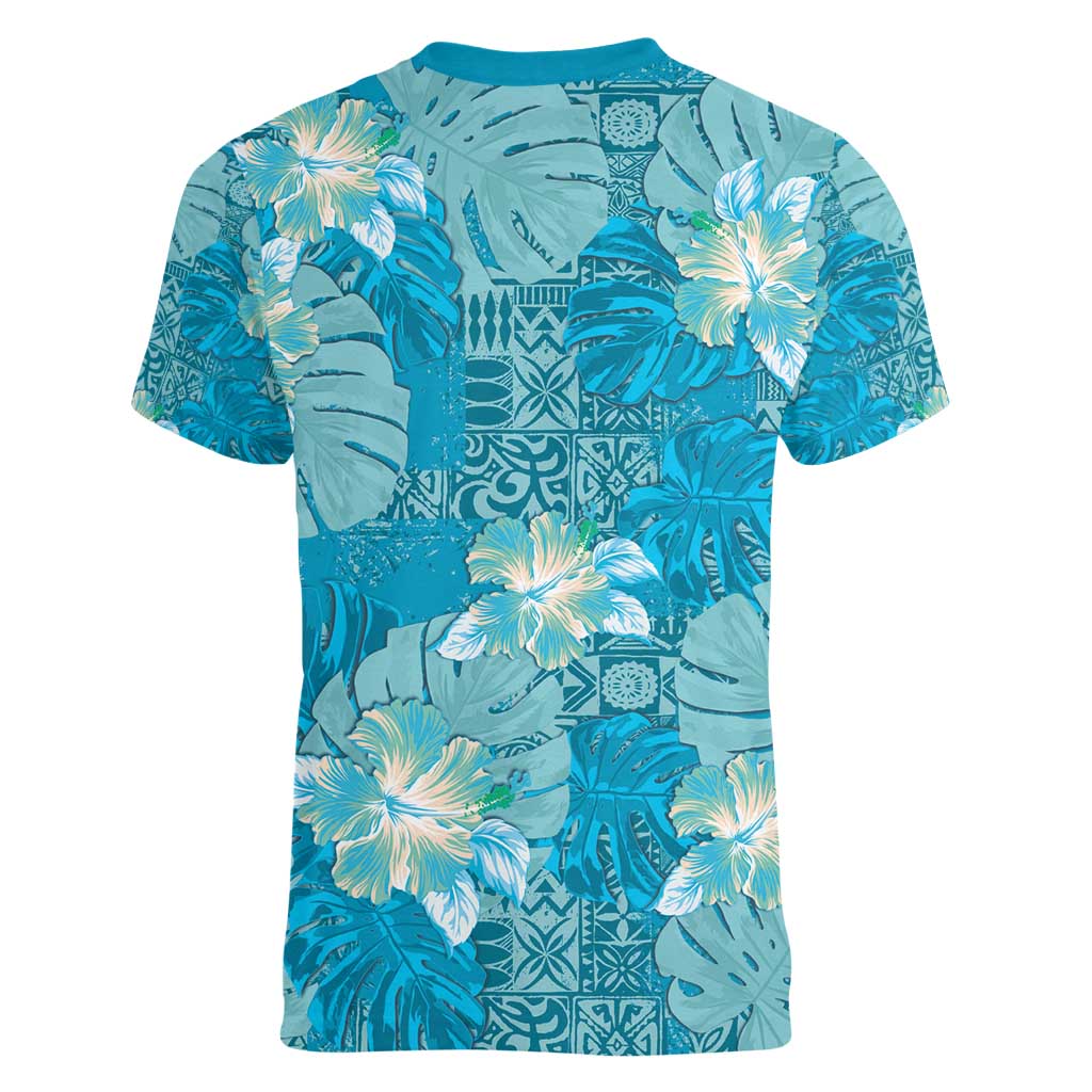 Hawaii Women V-Neck T-Shirt Teal Polynesian Monstera Patterns - Polynesian Pride
