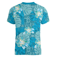 Hawaii Women V-Neck T-Shirt Teal Polynesian Monstera Patterns - Polynesian Pride
