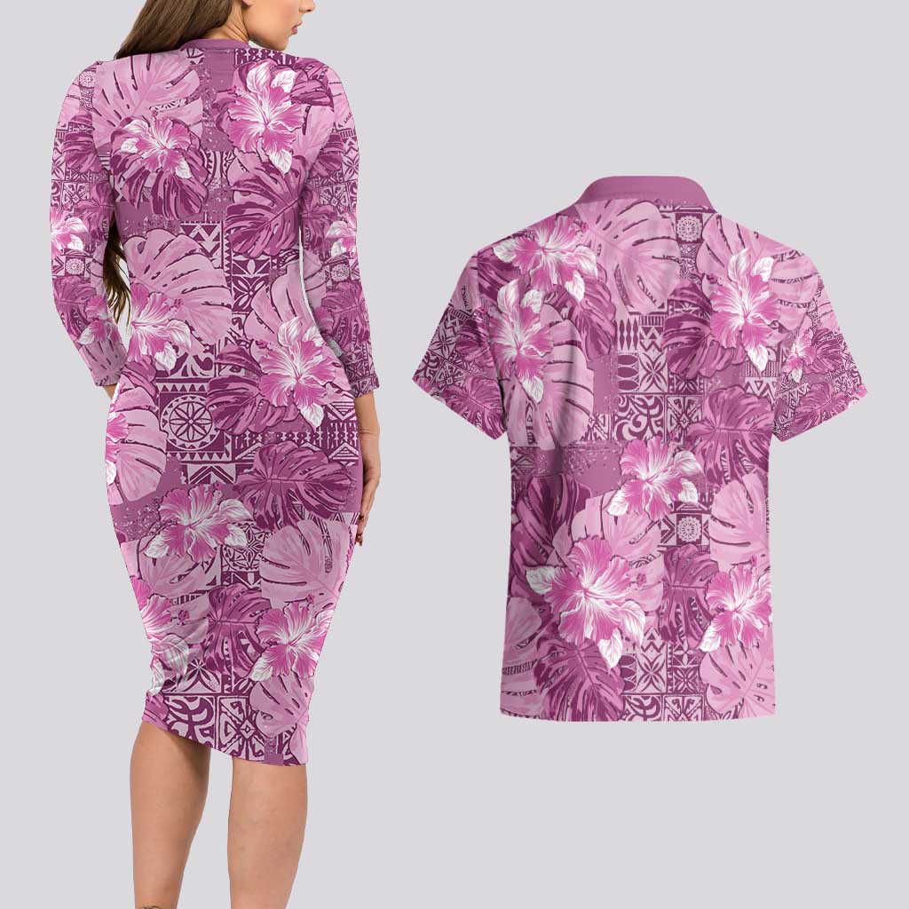Hawaii Couples Matching Long Sleeve Bodycon Dress and Hawaiian Shirt Magenta Polynesian Monstera Patterns - Polynesian Pride