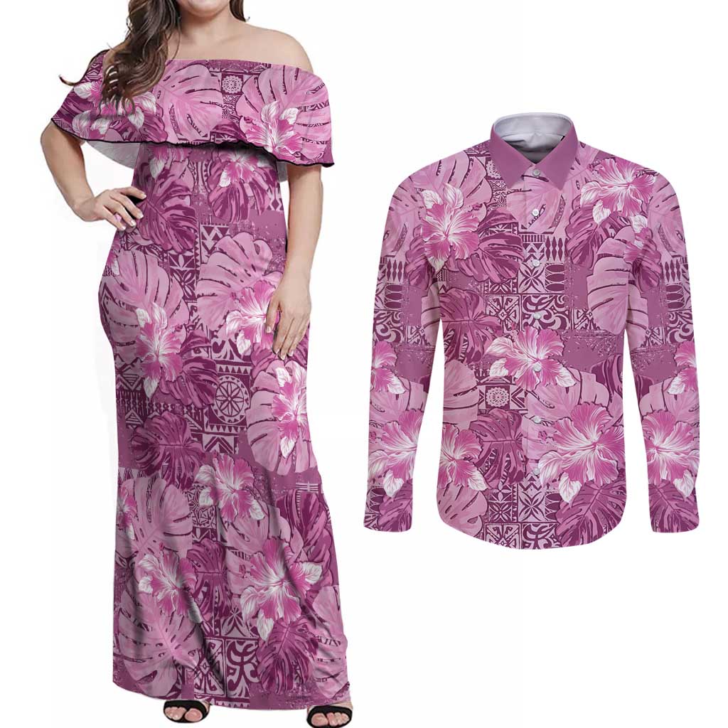 Hawaii Couples Matching Off Shoulder Maxi Dress and Long Sleeve Button Shirt Magenta Polynesian Monstera Patterns - Polynesian Pride