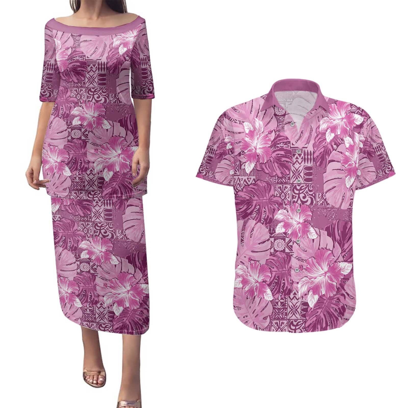Hawaii Couples Matching Puletasi and Hawaiian Shirt Magenta Polynesian Monstera Patterns - Polynesian Pride
