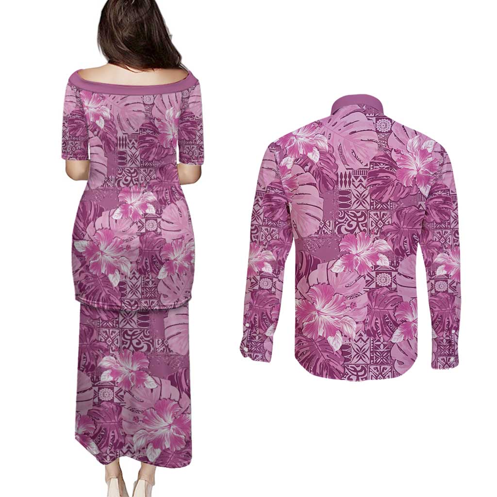 Hawaii Couples Matching Puletasi and Long Sleeve Button Shirt Magenta Polynesian Monstera Patterns - Polynesian Pride