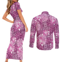 Hawaii Couples Matching Short Sleeve Bodycon Dress and Long Sleeve Button Shirt Magenta Polynesian Monstera Patterns - Polynesian Pride