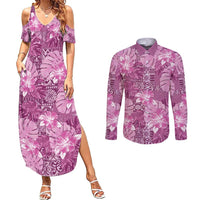 Hawaii Couples Matching Summer Maxi Dress and Long Sleeve Button Shirt Magenta Polynesian Monstera Patterns - Polynesian Pride