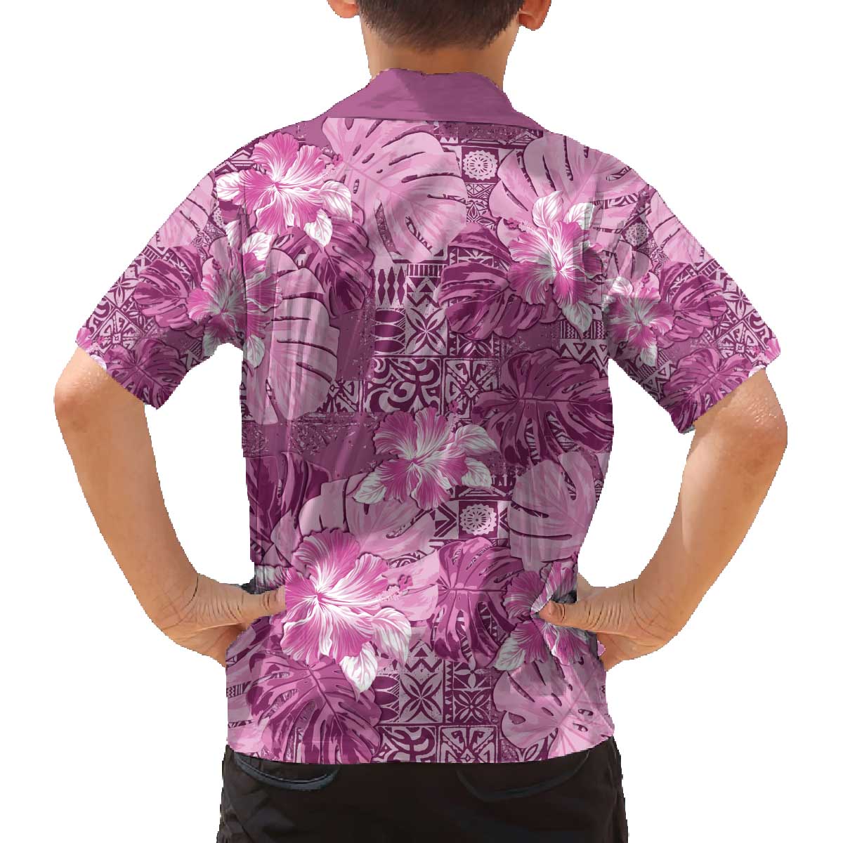 Hawaii Family Matching Off The Shoulder Long Sleeve Dress and Hawaiian Shirt Magenta Polynesian Monstera Patterns - Polynesian Pride
