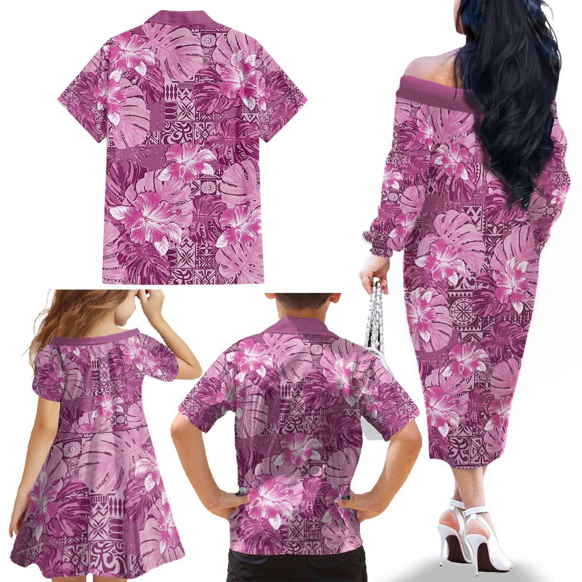 Hawaii Family Matching Off The Shoulder Long Sleeve Dress and Hawaiian Shirt Magenta Polynesian Monstera Patterns - Polynesian Pride