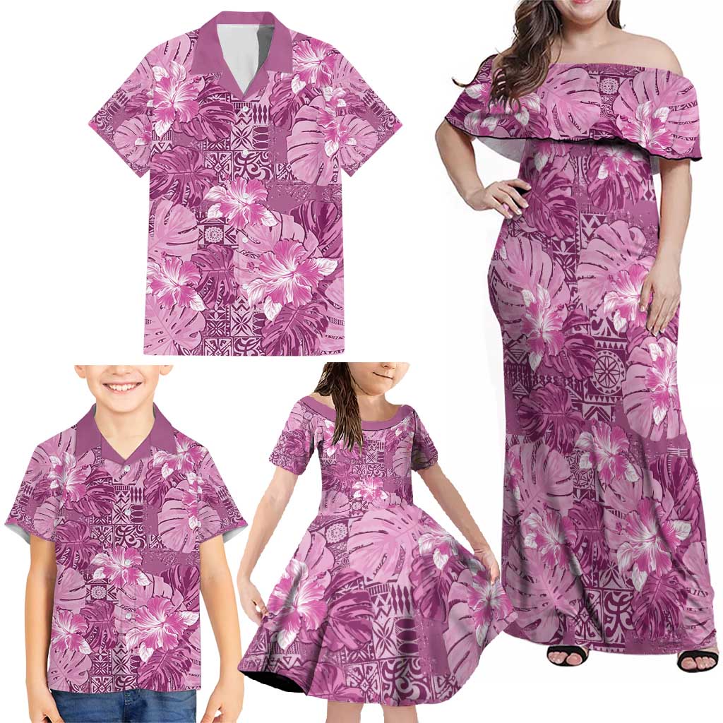 Hawaii Family Matching Off Shoulder Maxi Dress and Hawaiian Shirt Magenta Polynesian Monstera Patterns - Polynesian Pride