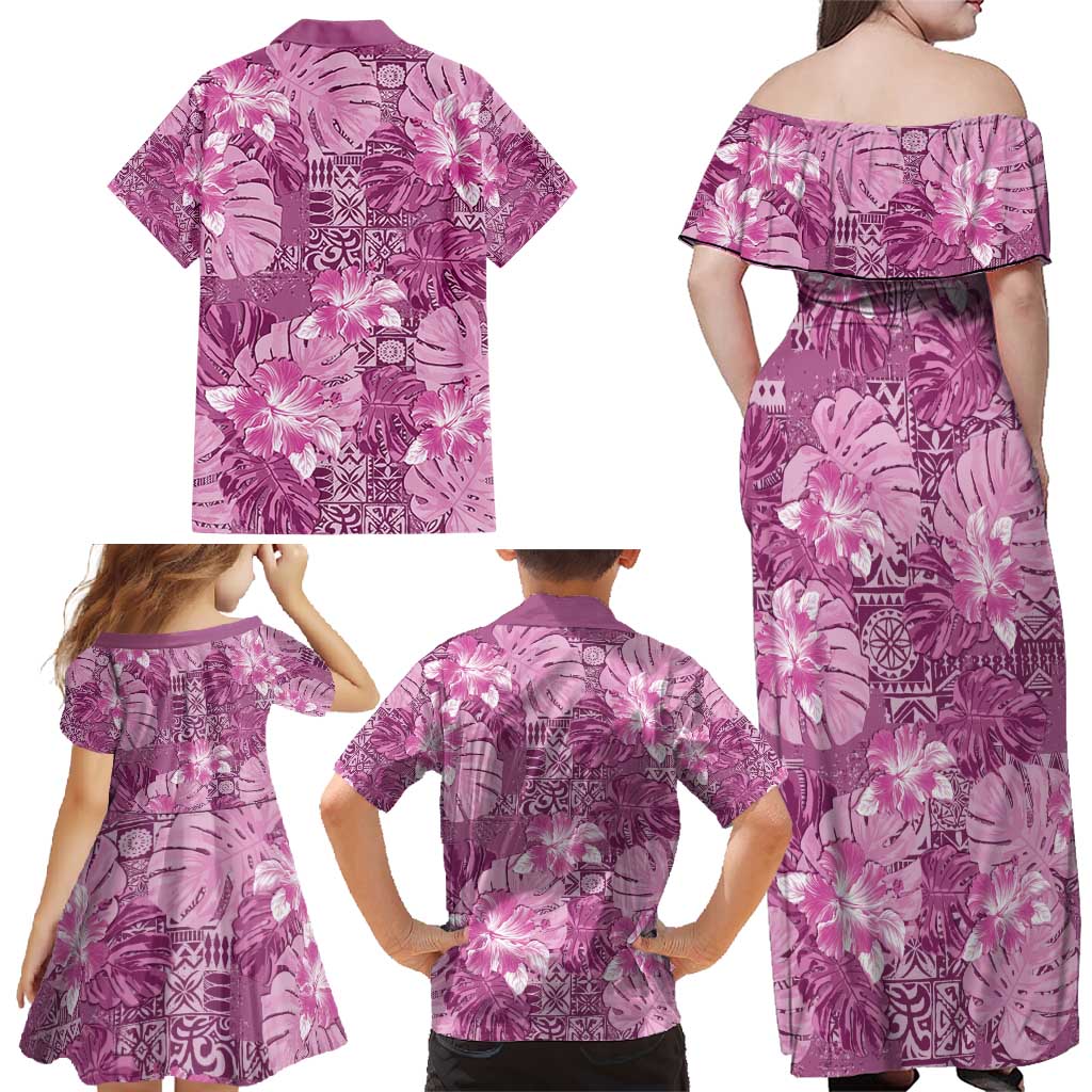 Hawaii Family Matching Off Shoulder Maxi Dress and Hawaiian Shirt Magenta Polynesian Monstera Patterns - Polynesian Pride