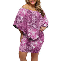Hawaii Family Matching Off Shoulder Short Dress and Hawaiian Shirt Magenta Polynesian Monstera Patterns - Polynesian Pride
