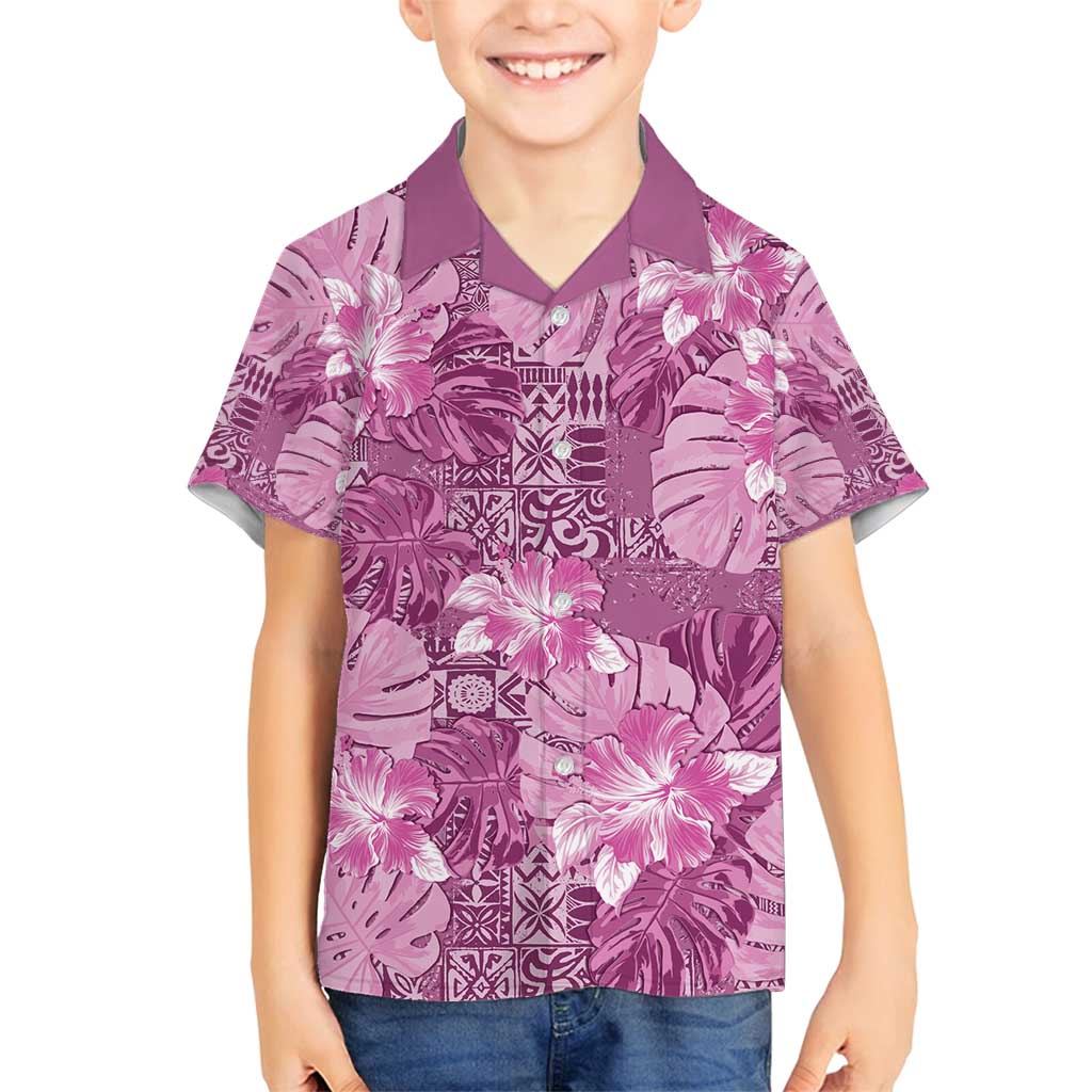 Hawaii Family Matching Off Shoulder Short Dress and Hawaiian Shirt Magenta Polynesian Monstera Patterns - Polynesian Pride