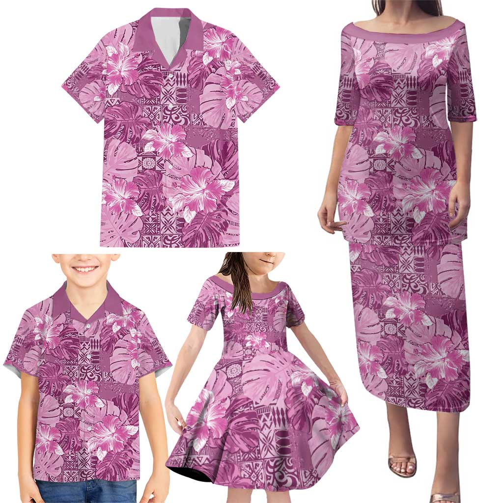Hawaii Family Matching Puletasi and Hawaiian Shirt Magenta Polynesian Monstera Patterns - Polynesian Pride