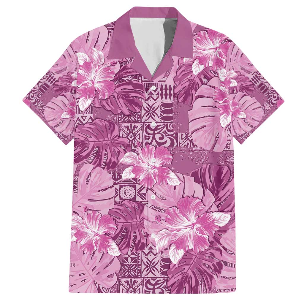 Hawaii Family Matching Short Sleeve Bodycon Dress and Hawaiian Shirt Magenta Polynesian Monstera Patterns - Polynesian Pride