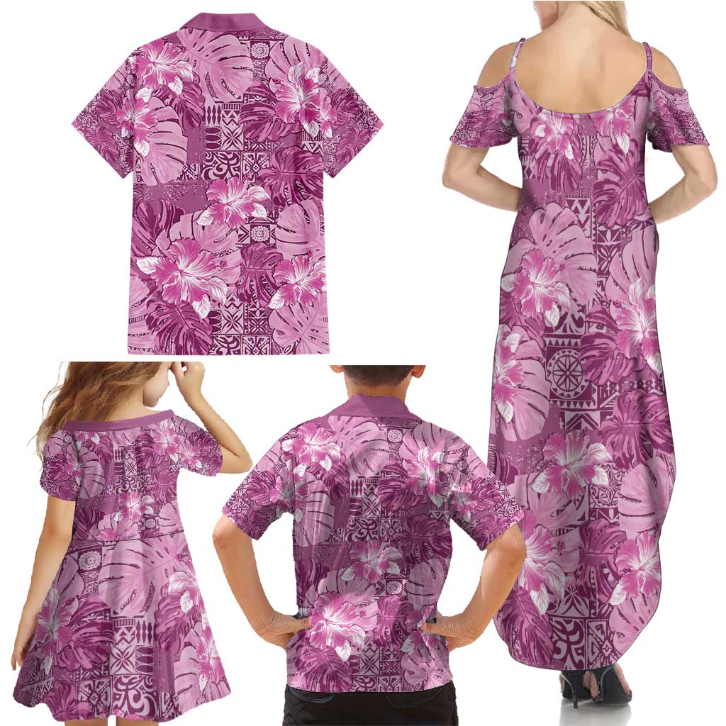 Hawaii Family Matching Summer Maxi Dress and Hawaiian Shirt Magenta Polynesian Monstera Patterns - Polynesian Pride