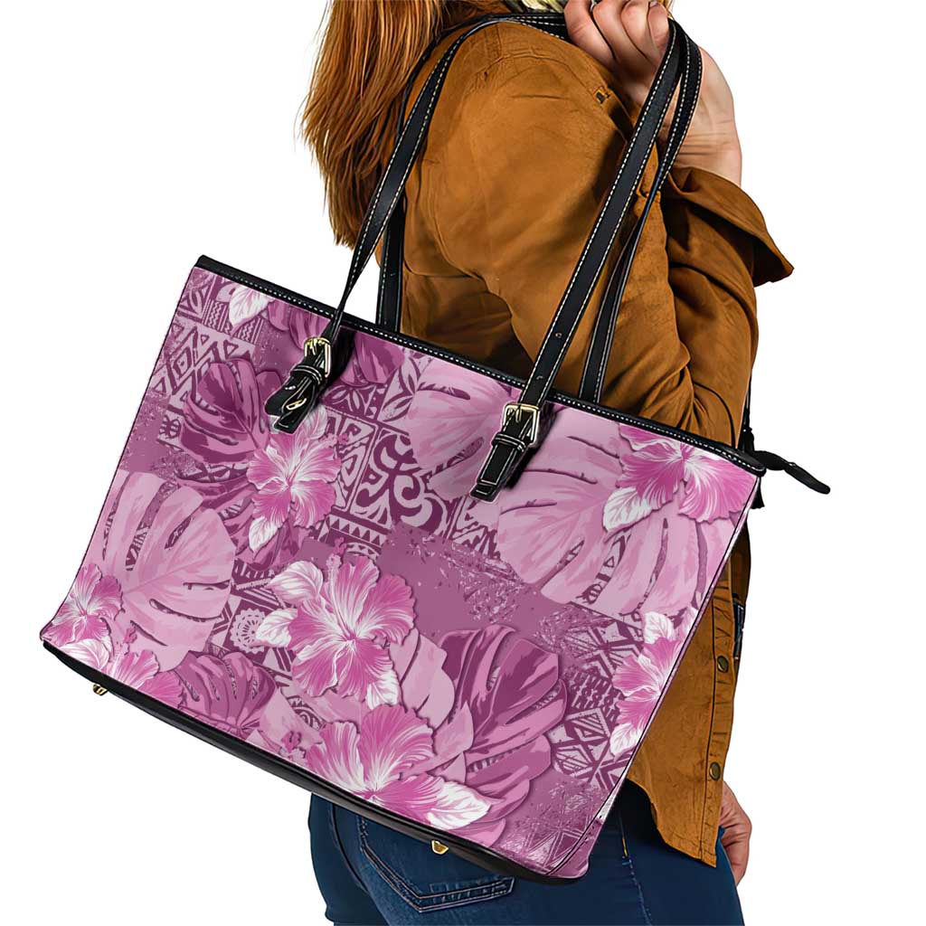 Hawaii Leather Tote Bag Magenta Polynesian Monstera Patterns - Polynesian Pride