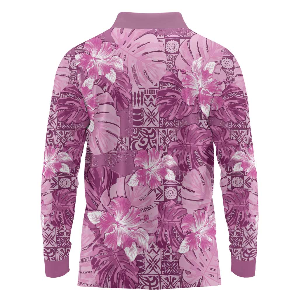 Hawaii Long Sleeve Polo Shirt Magenta Polynesian Monstera Patterns - Polynesian Pride