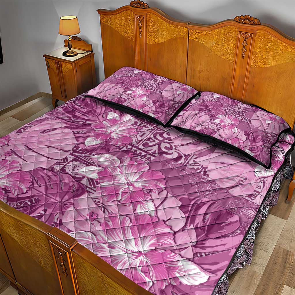 Hawaii Quilt Bed Set Magenta Polynesian Monstera Patterns - Polynesian Pride