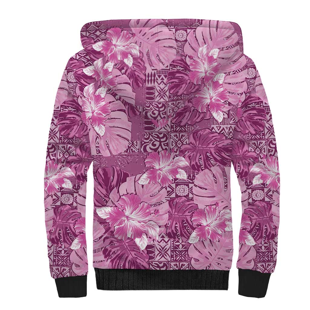 Hawaii Sherpa Hoodie Magenta Polynesian Monstera Patterns - Polynesian Pride