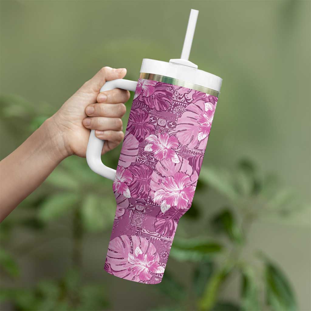 Hawaii Tumbler With Handle Magenta Polynesian Monstera Patterns - Polynesian Pride