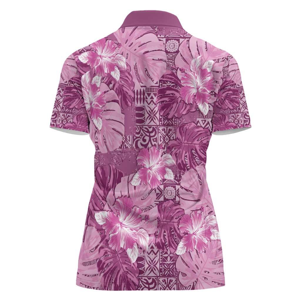 Hawaii Women Polo Shirt Magenta Polynesian Monstera Patterns - Polynesian Pride