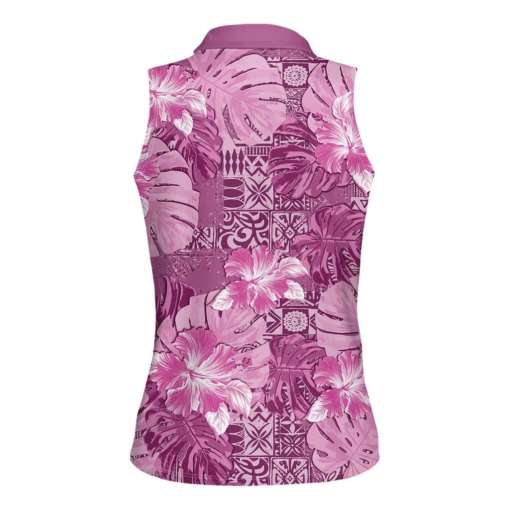 Hawaii Women Sleeveless Polo Shirt Magenta Polynesian Monstera Patterns - Polynesian Pride