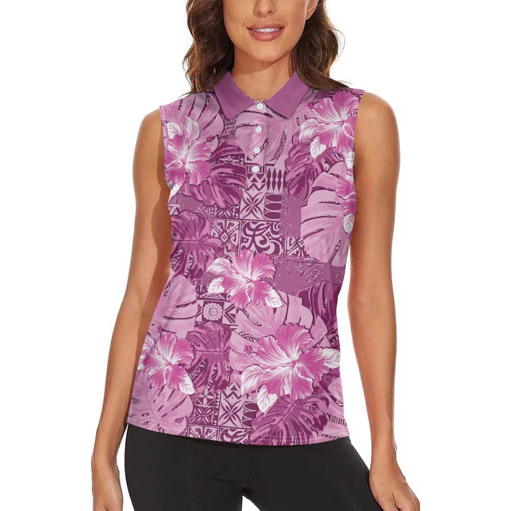 Hawaii Women Sleeveless Polo Shirt Magenta Polynesian Monstera Patterns - Polynesian Pride