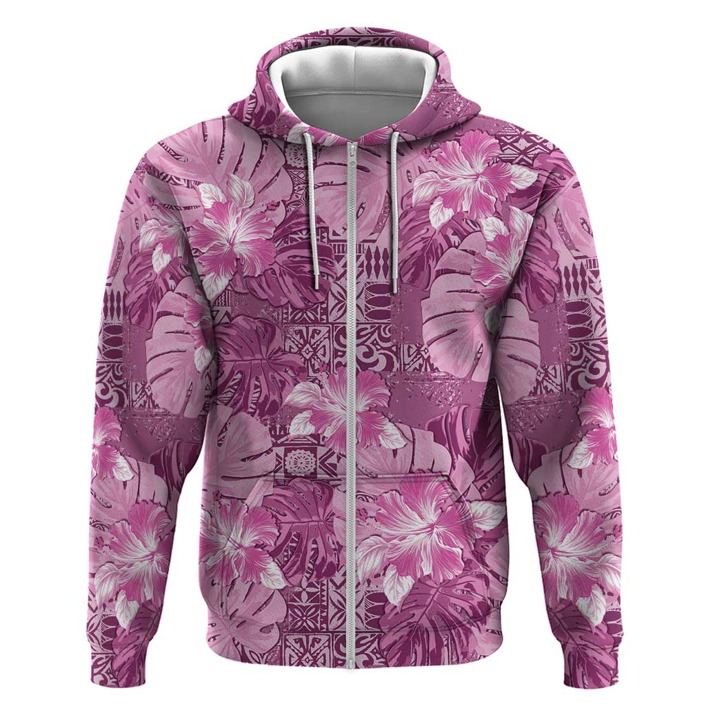 Hawaii Zip Hoodie Magenta Polynesian Monstera Patterns - Polynesian Pride